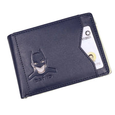 A dark blue slim leather wallet with a Batman logo and an ID card visible.