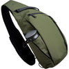 Olive green crossbody sling bag designed to carry a tablet and water bottle.