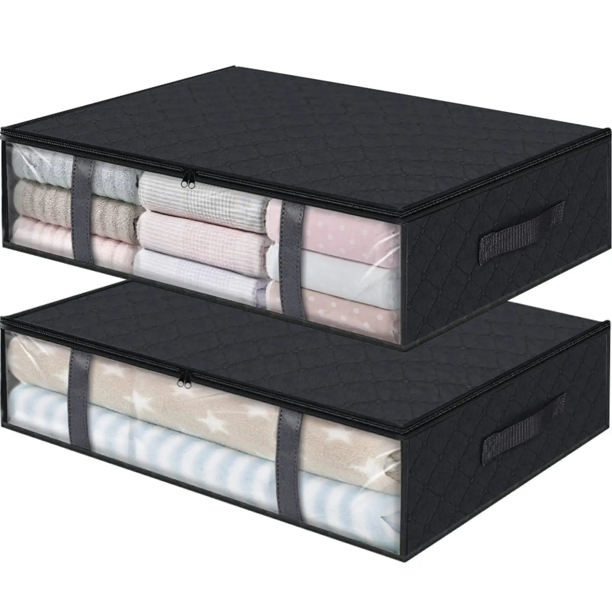 A set of three black under bed storage organizer bins filled with various fabric items.