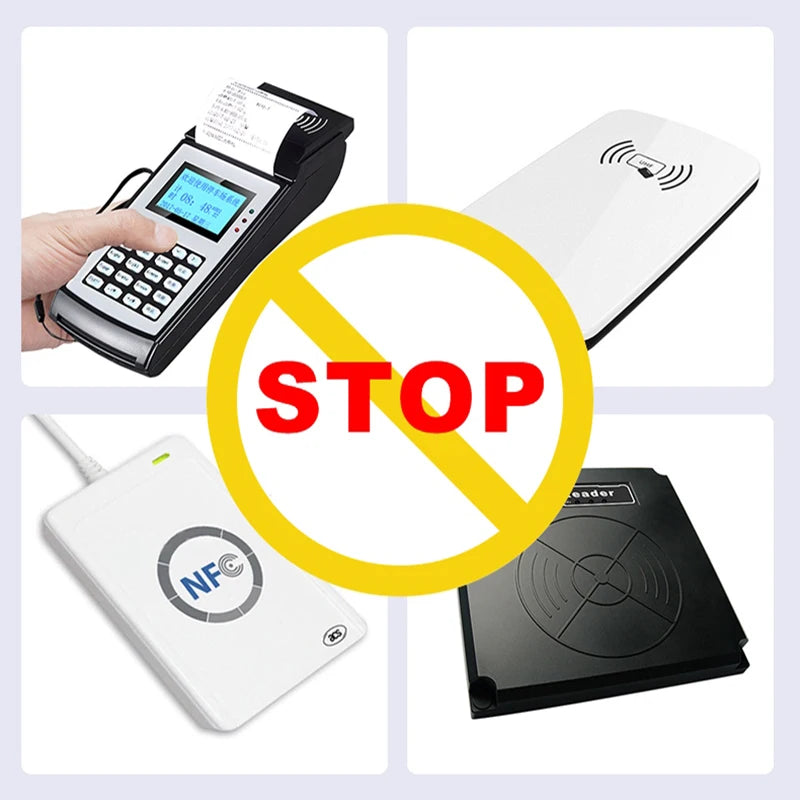 A set of anti-scan card sleeves for secure ID protection including a card reader, NFC tag, and a reader device.