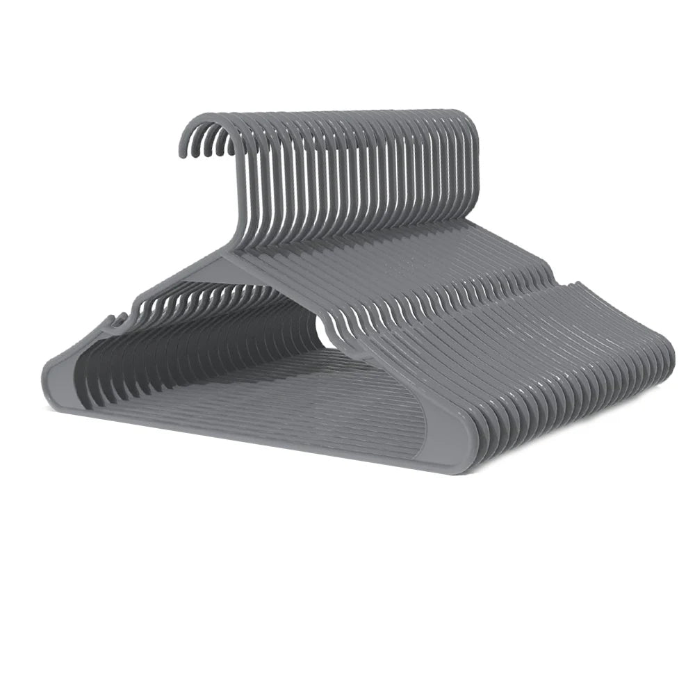 A gray durable plastic non-slip clothing hanger with multiple curved bars.