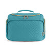 A teal quilted cosmetic organizer bag with a gold zipper and handle.