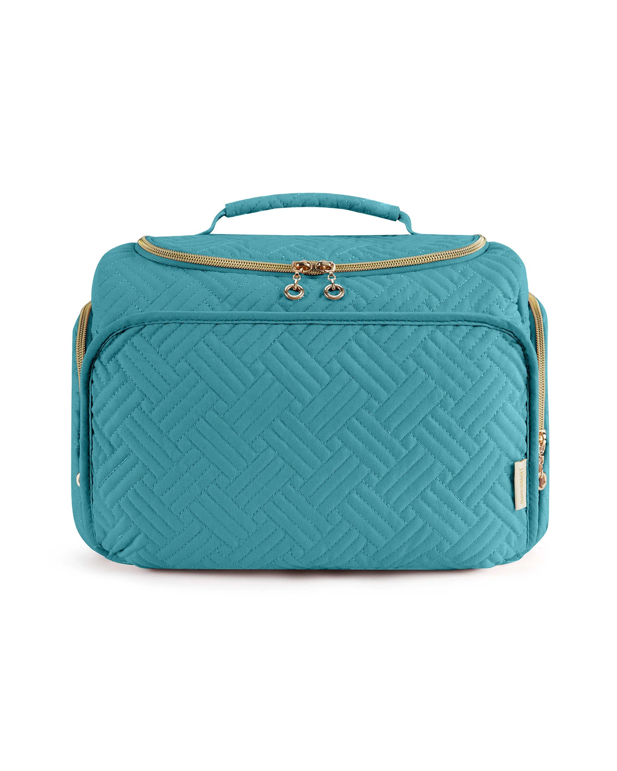 A teal quilted cosmetic organizer bag with a gold zipper and handle.