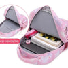 A pink floral patterned backpack is shown open, displaying its interior and capacity.