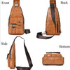 A men's brown PU leather crossbody sling bag shown from the front, back, side, and bottom views.