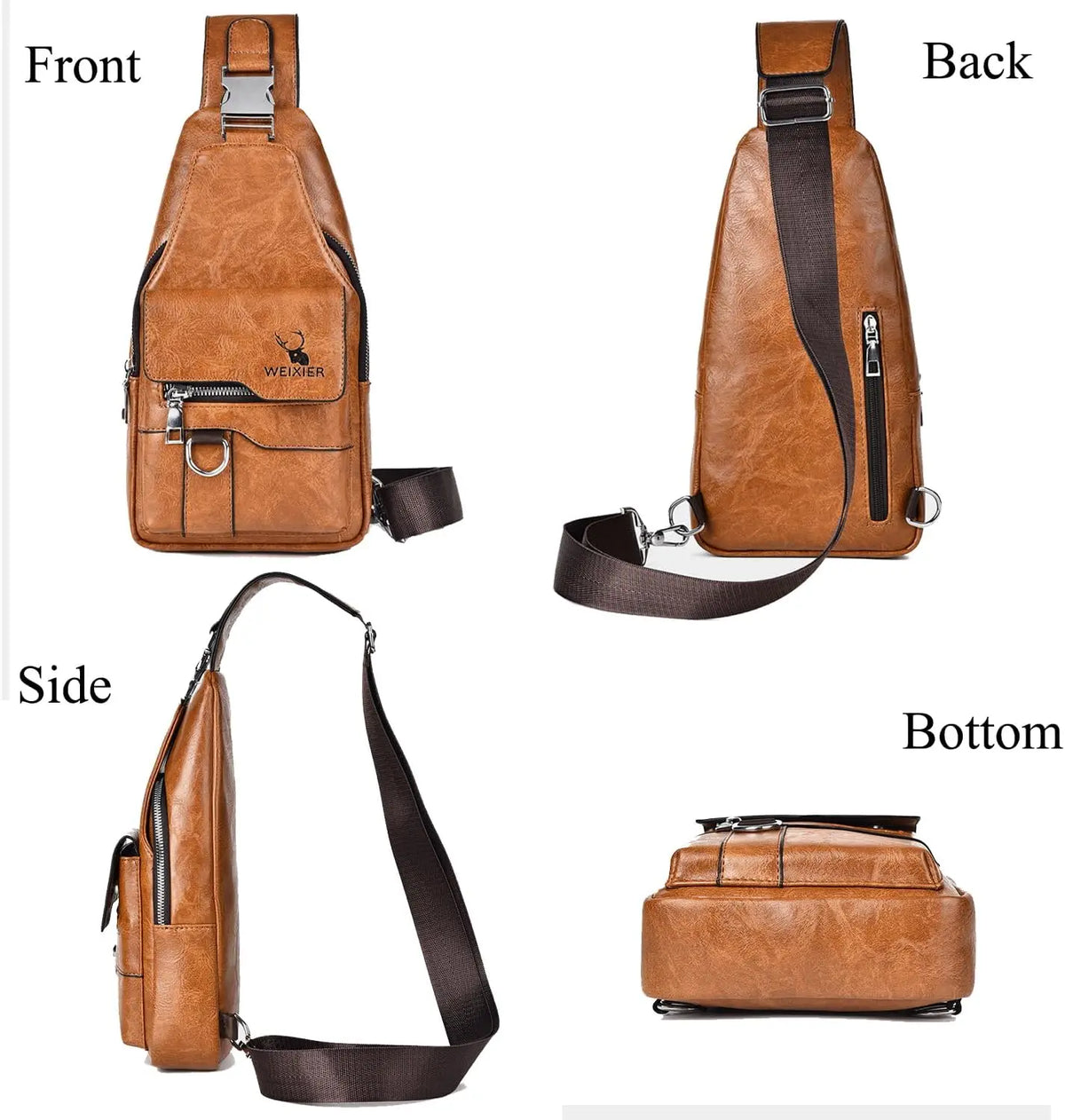 A men's brown PU leather crossbody sling bag shown from the front, back, side, and bottom views.