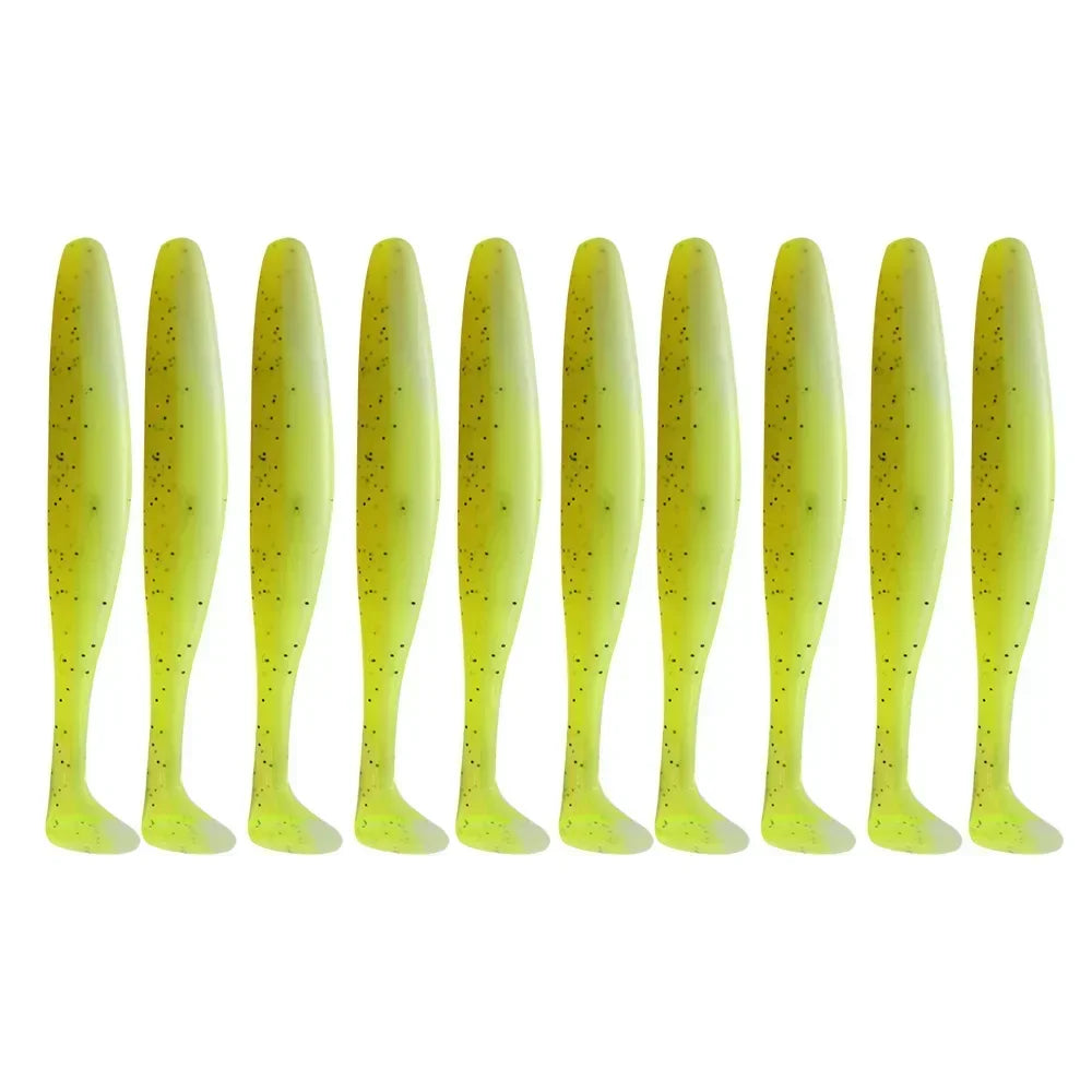A row of ten bright yellow adjustable soft lure fishing tackle pieces.