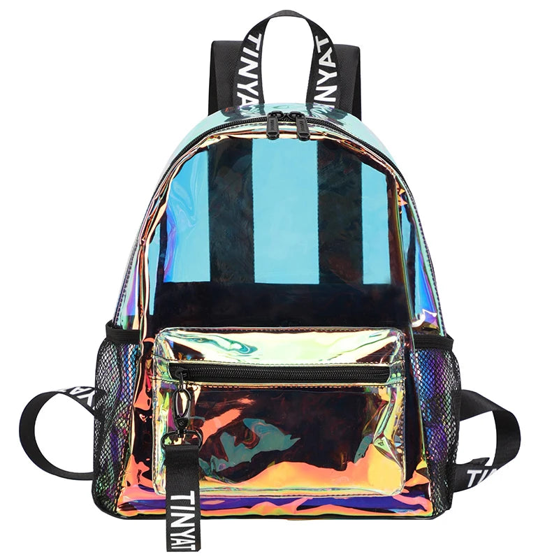 A clear PVC backpack with blue and black stripes and a reflective gold accent pocket.