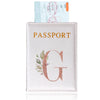 A light pink elegant PU travel passport holder featuring a gold initial G and green foliage design.