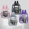 A collection of transparent backpacks in pink, black, and purple, showing various storage compartments.
