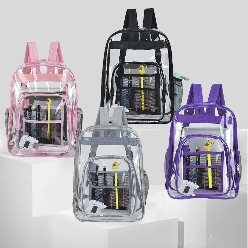 A collection of transparent backpacks in pink, black, and purple, showing various storage compartments.