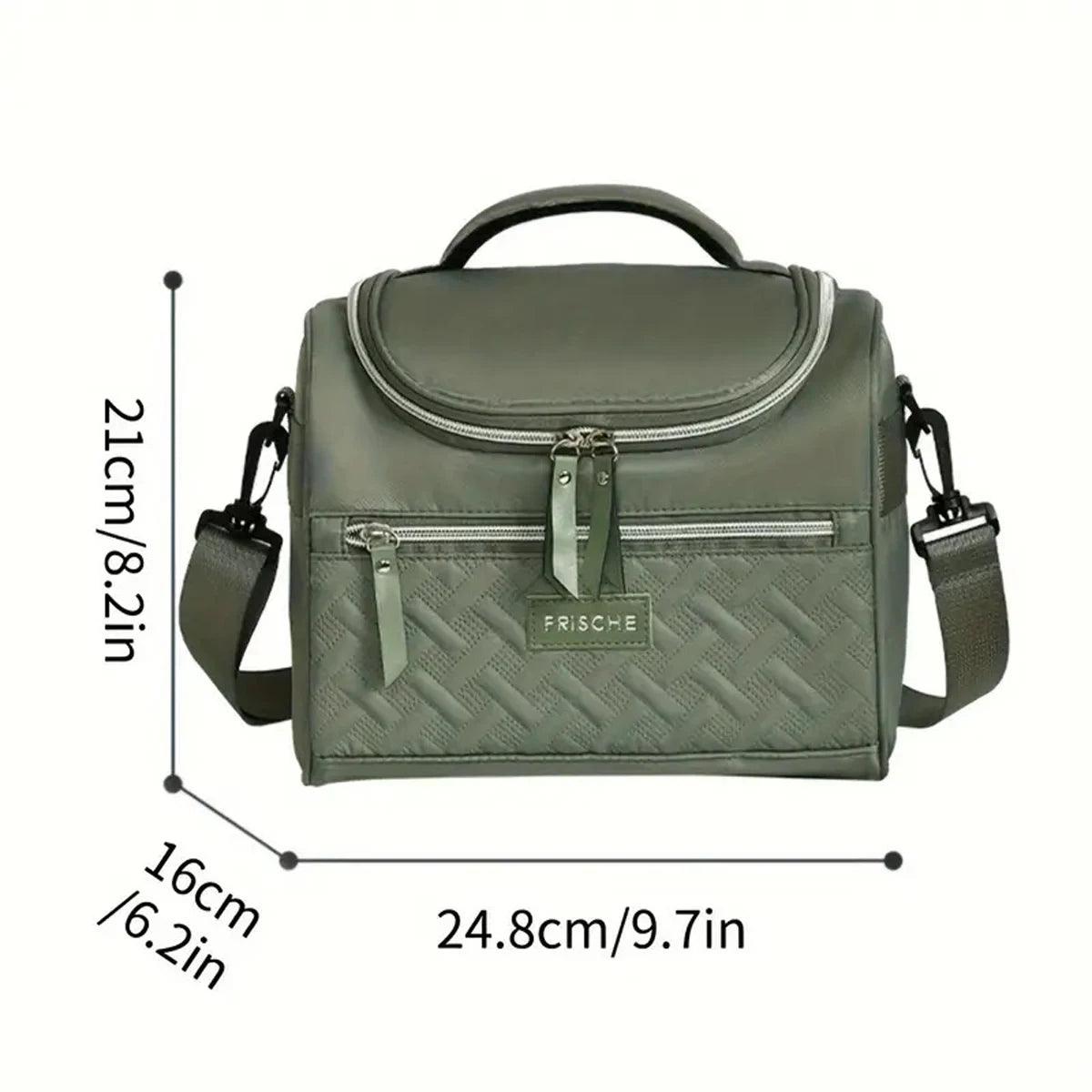 Bolsa térmica verde oliva con cremallera y correa acolchada para hombro, vista desde arriba.