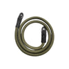 A coiled olive green adjustable camera and DSLR shoulder strap.
