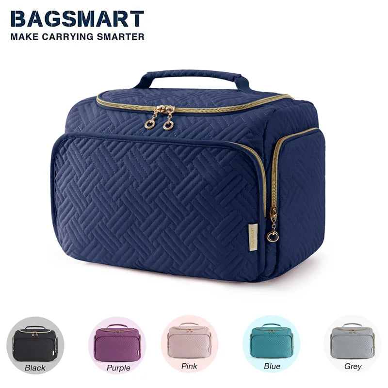 A navy blue cosmetic organizer bag with a handle shown next to various color options.