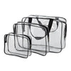 A set of three clear PVC travel toiletry bags with black straps.
