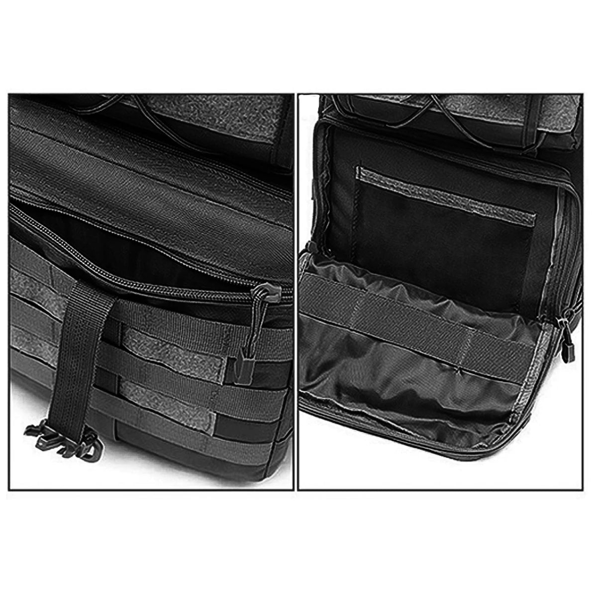 Close-up view of a black multi-compartment crossbody and chest bag showing internal organization and zippered pockets.