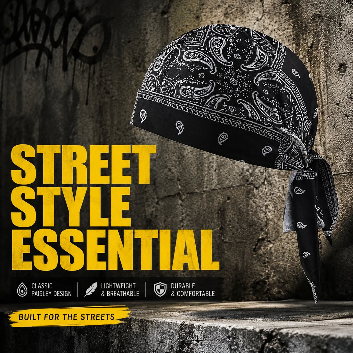 Black patterned sports headband worn by a person against a concrete background.