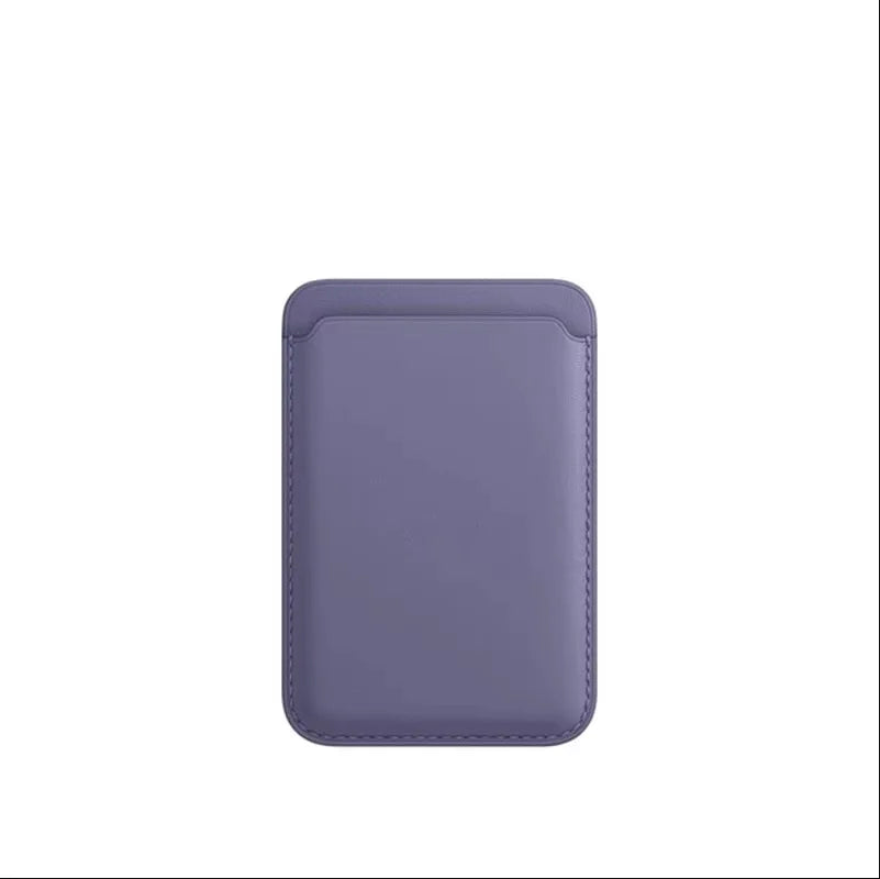 A purple leather wallet case designed for MagSafe compatibility.