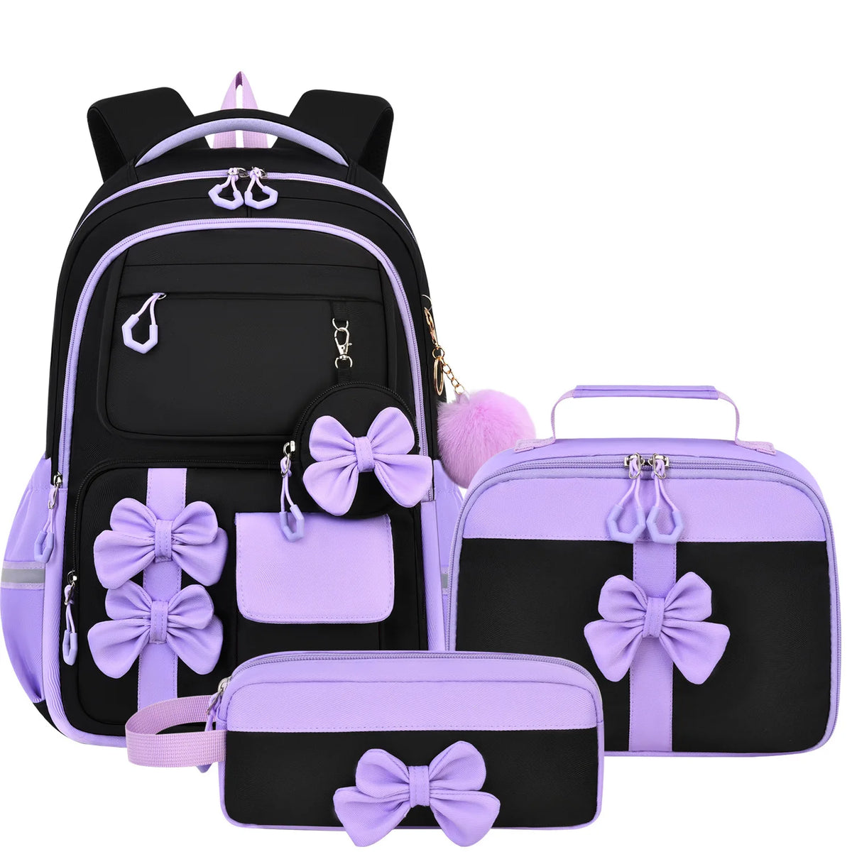 A set of purple and black nylon school backpacks featuring bow accents.