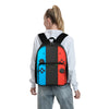 A black and red GamePad cartoon backpack for kids with a front pocket worn by a person.