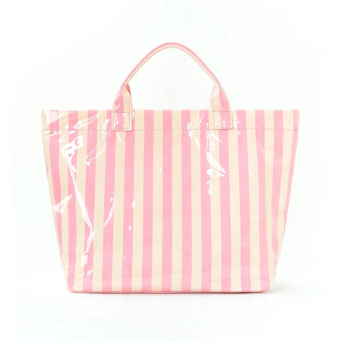 A pink and cream striped tote bag with a handle, featuring white paint splatters.