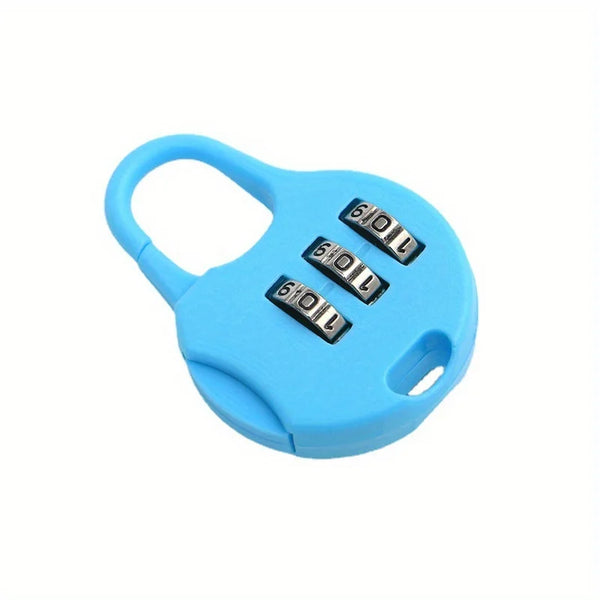 A blue compact 3-digit combination travel lock with a handle and three numbered dials.