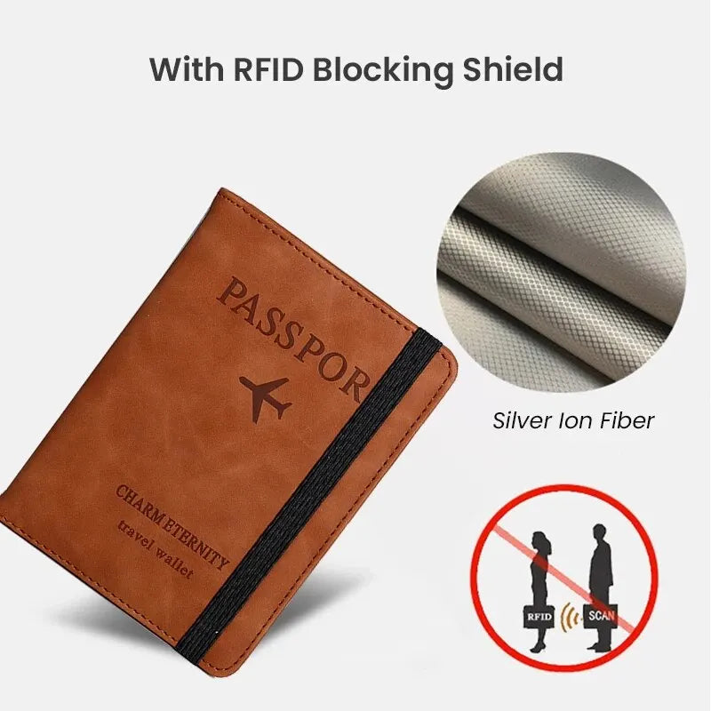 Brown leather passport holder with a silver ion fiber RFID blocking shield.