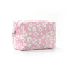 A pink leopard print waterproof travel cosmetic bag lying flat on a white background.