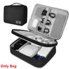 A black leather cable storage organizer bag with an open lid showing various cables and accessories inside.
