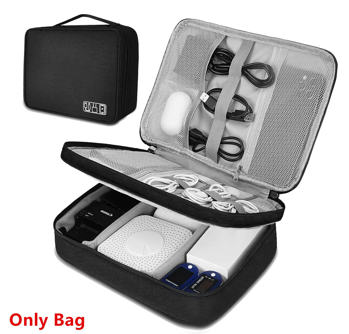A black leather cable storage organizer bag with an open lid showing various cables and accessories inside.