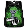 Sac à dos noir avec un design de gorille cartoon vert vif et des lignes électriques vertes lumineuses.