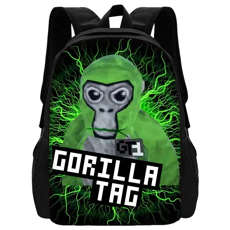 Sac à dos noir avec un design de gorille cartoon vert vif et des lignes électriques vertes lumineuses.
