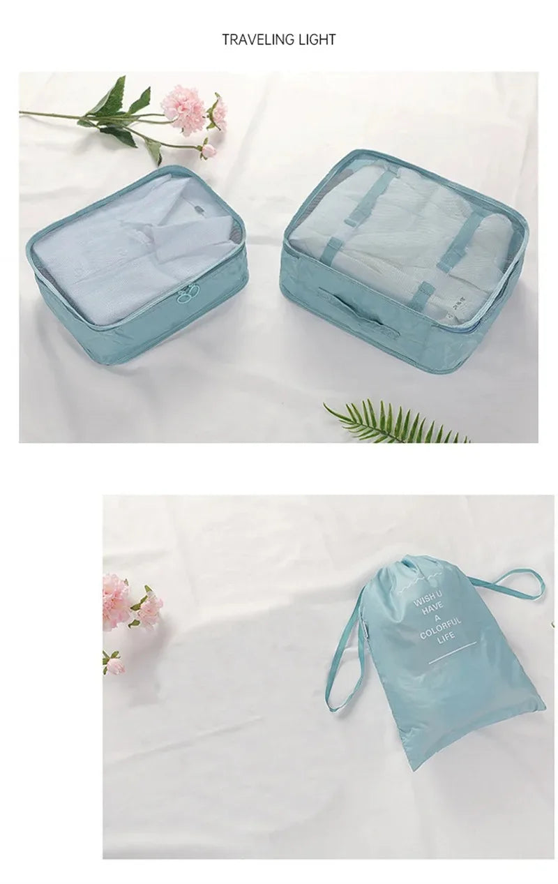 A light blue mesh packing cube set with a drawstring pouch shown next to floral and greenery elements.