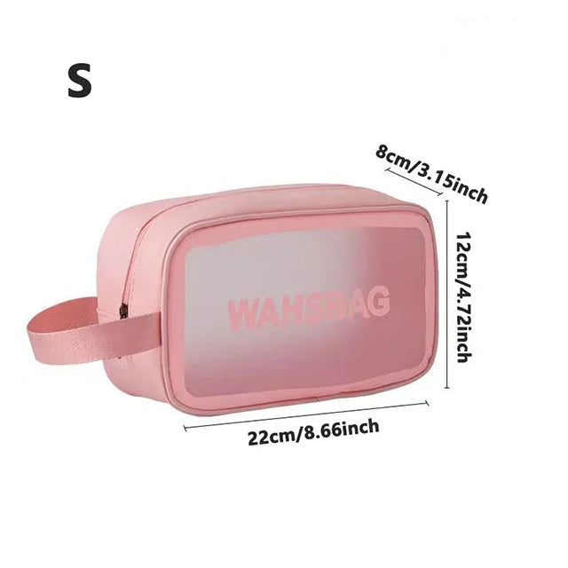Pink clear waterproof travel toiletry bag with a strap and measurements