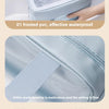 A light blue double-layer wash bag with a clear plastic window and an alloy zipper is shown in detail.