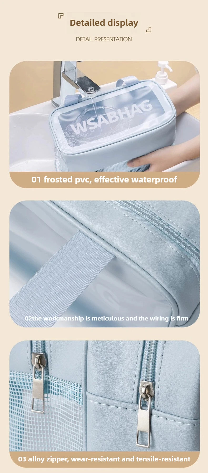 A light blue double-layer wash bag with a clear plastic window and an alloy zipper is shown in detail.