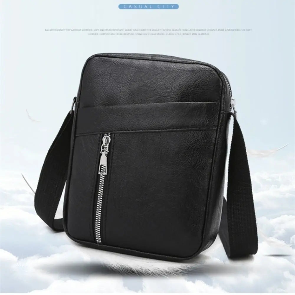 Black waterproof PU leather sling bag shown against a cloudy sky background.