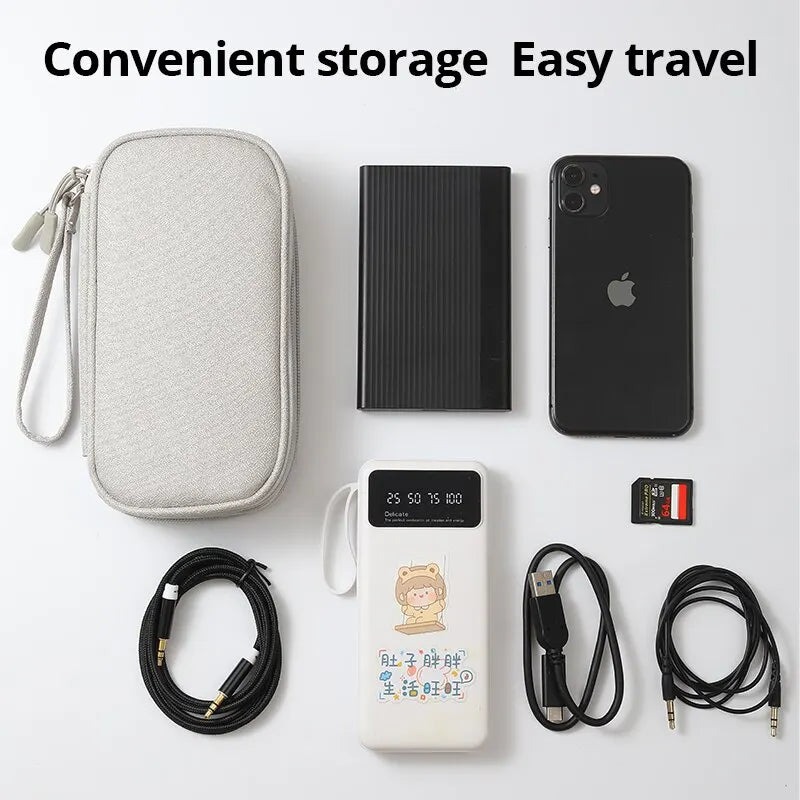 A collection of portable digital accessories including a storage pouch, a smartphone, and charging cables is displayed on a w