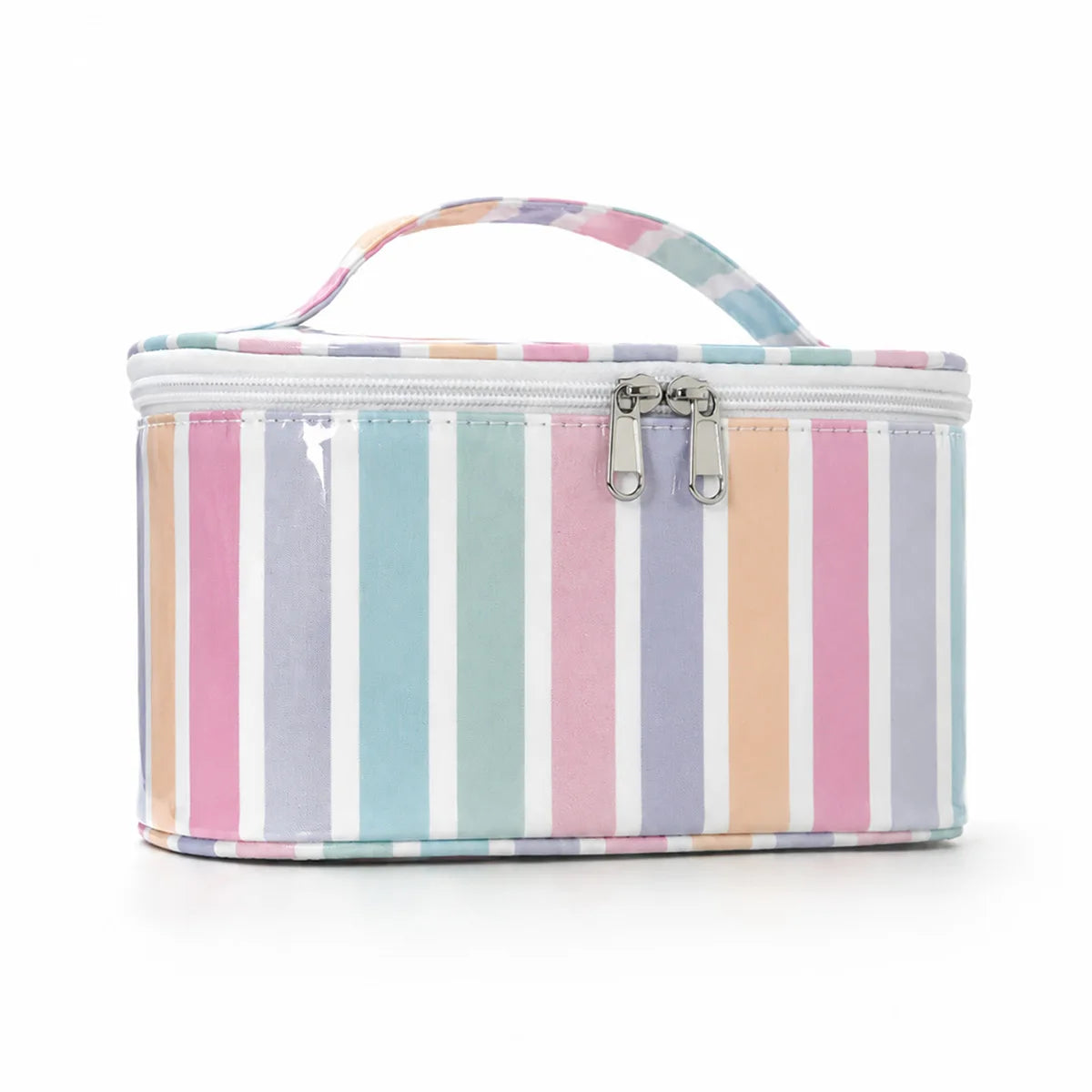 Bolsa de almacenamiento cosmético con rayas verticales rosa, morado y azul claro sobre fondo blanco y asa rosa.