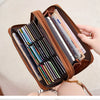 A brown tri-fold wallet with a leopard print design and wrist strap is shown open and closed.