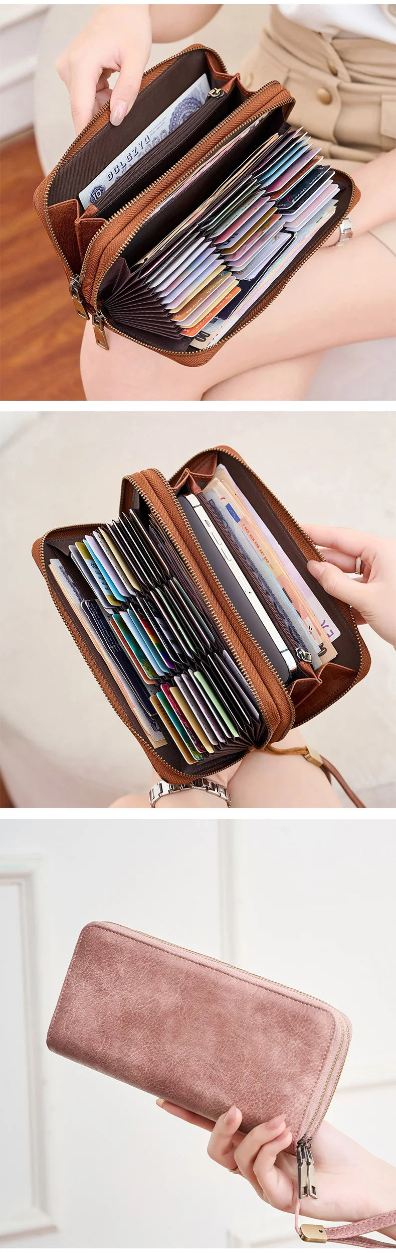 A brown tri-fold wallet with a leopard print design and wrist strap is shown open and closed.