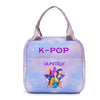 A purple insulated backpack featuring a K-Pop design with colorful characters and stars.