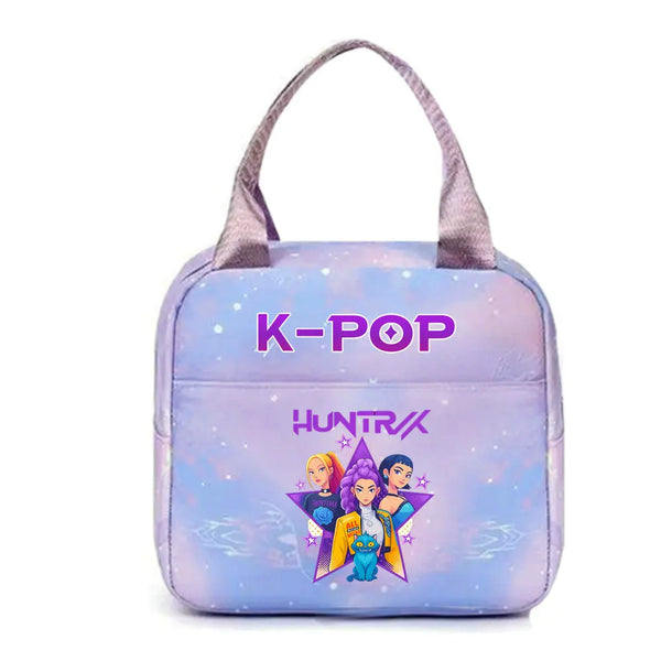 A purple insulated backpack featuring a K-Pop design with colorful characters and stars.