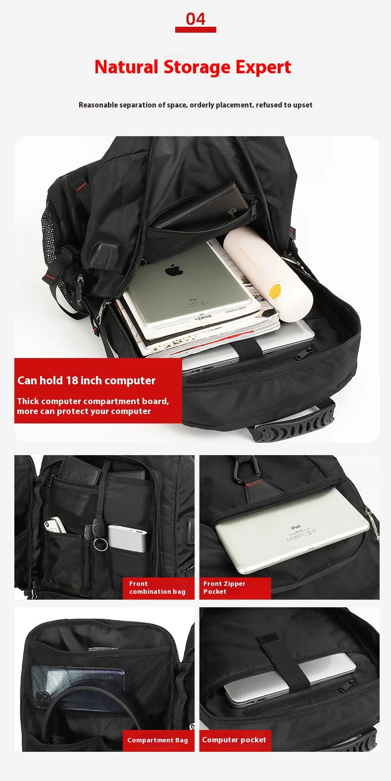 A black durable travel backpack showing various compartments and pockets for electronics and organization.