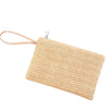 Handwoven straw makeup bag with a zipper and leather strap
