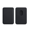 A black leather card wallet designed for an iPhone, featuring a slim profile and a cutout slot.