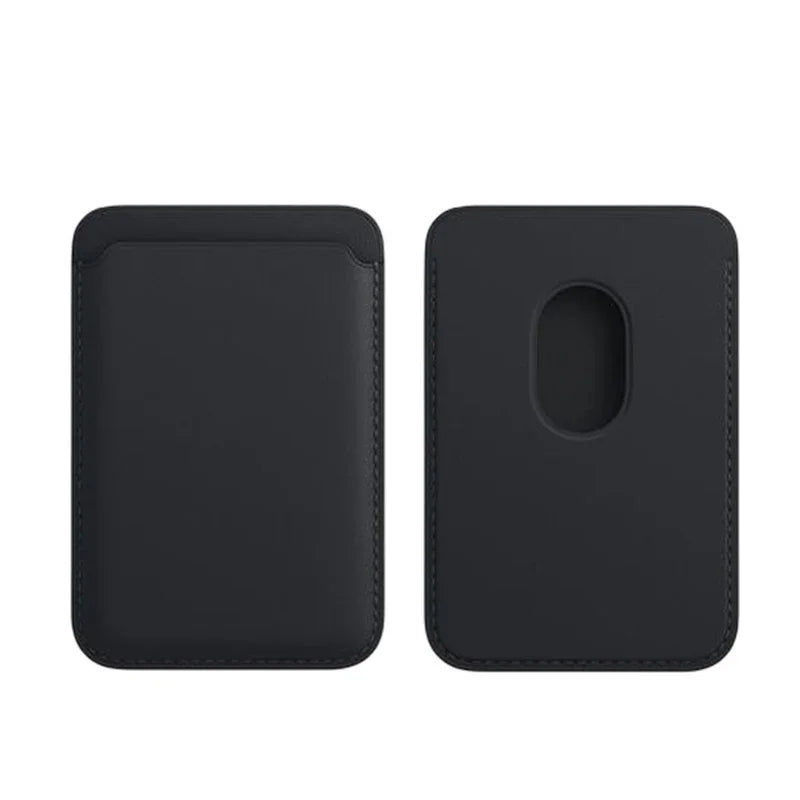 A black leather card wallet designed for an iPhone, featuring a slim profile and a cutout slot.