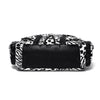 A black and white leopard print PU leather tote bag with a black leather flap.