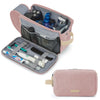 A pink toiletry bag is open, revealing various cosmetic and grooming tools inside.