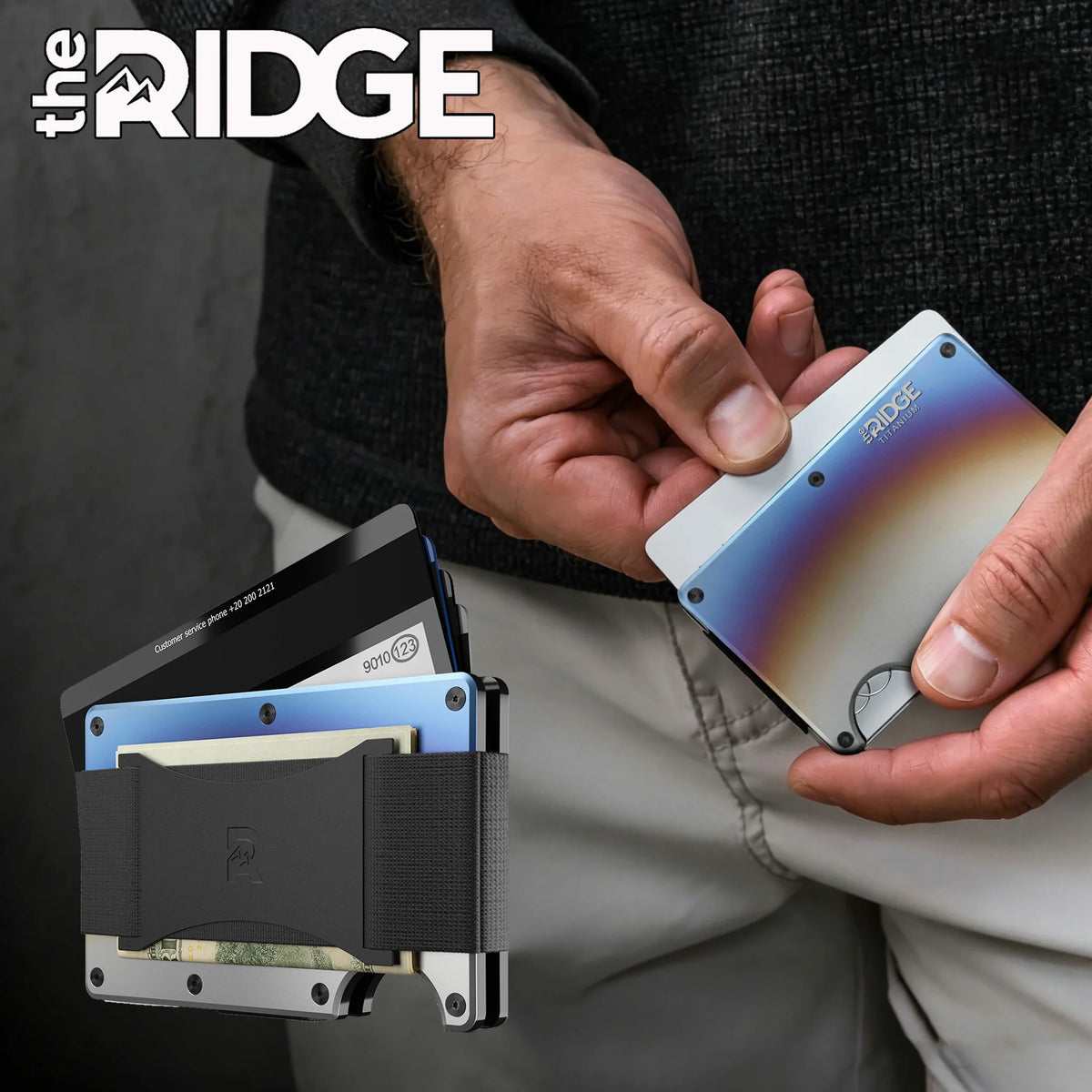 A hand holds a Ridge slim RFID blocking wallet, displaying the card and protective sleeve.